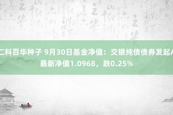 仁科百华种子 9月30日基金净值：交银纯债债券发起A最新净值1.0968，跌0.25%